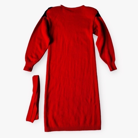 Vintage 80s Red Knit Sweater Dress Geometric Colorblock Mod XS - Picture 11 of 13